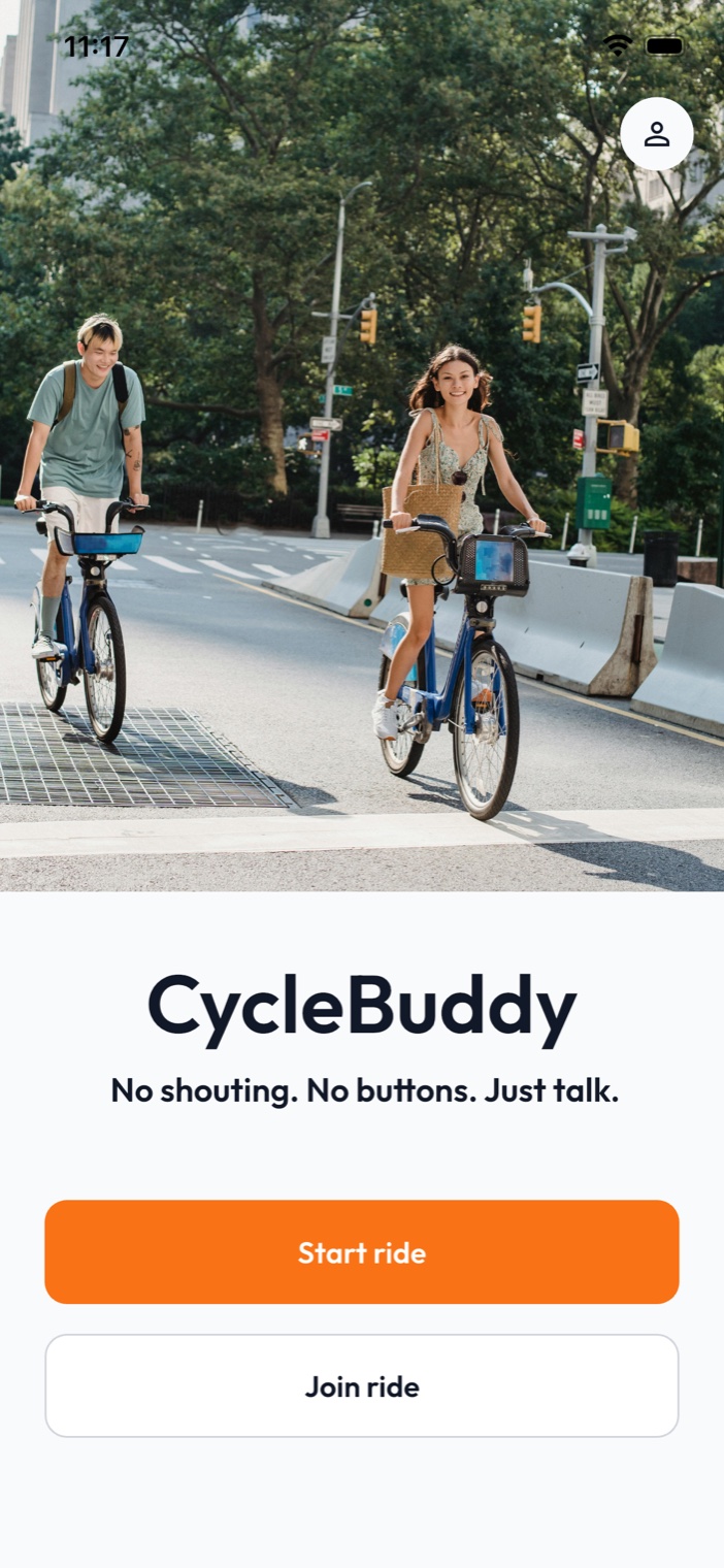 The CycleBuddy app start screen showing a couple riding and a Start ride button