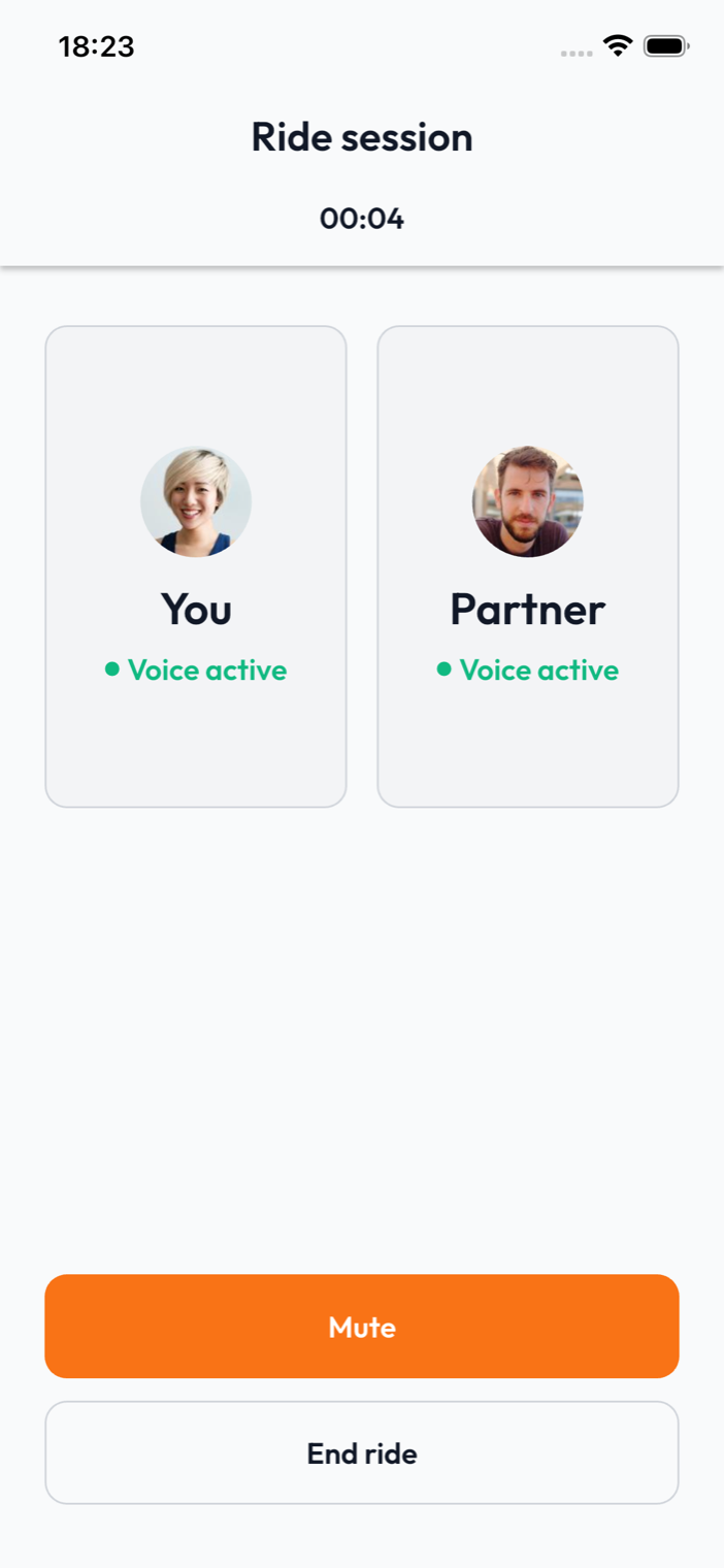The CycleBuddy ride session screen showing You and Partner both voice active